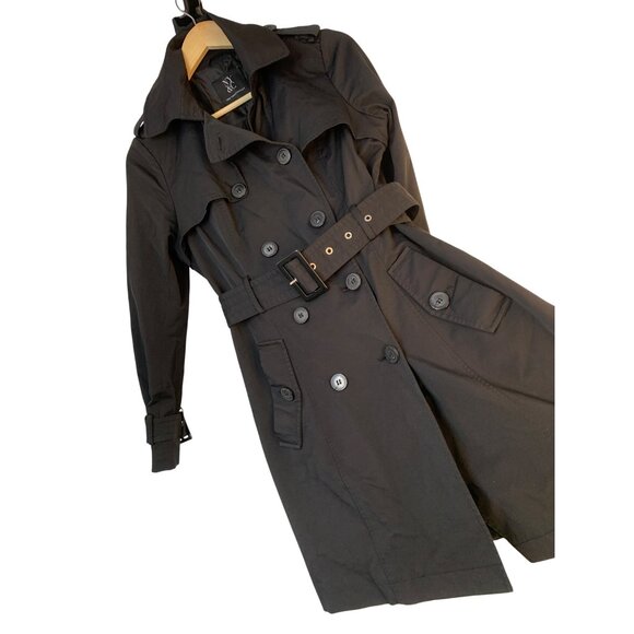 New York & Company Black Womens Trench Coat Belted Double Breast Medium RB10381 - Picture 1 of 15